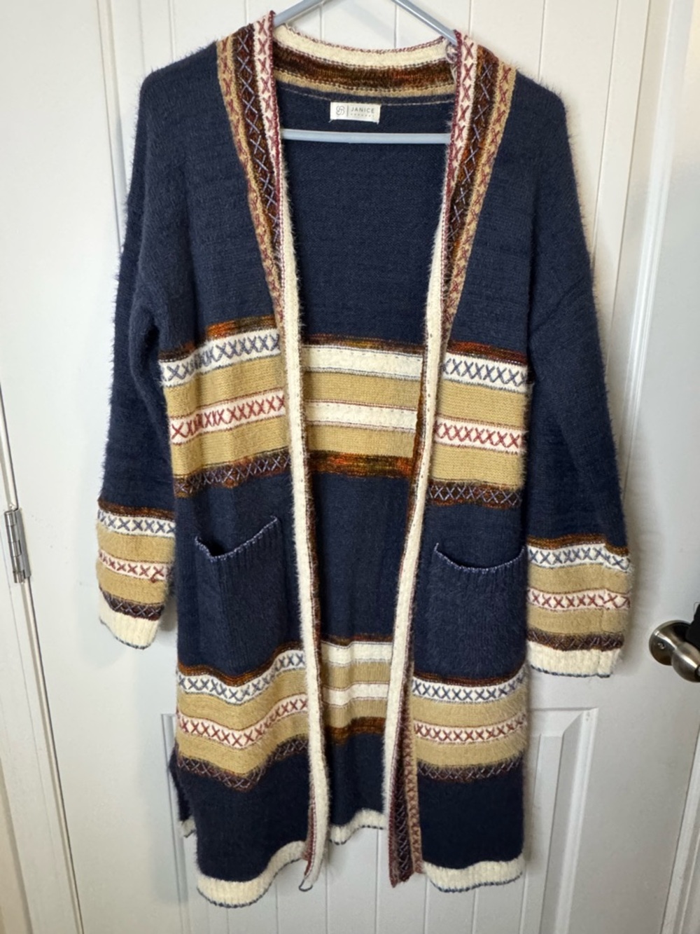 Janice Apparel Southwestern Boho Navy Longline Open Front Cardigan Sweater - Picture 2 of 5